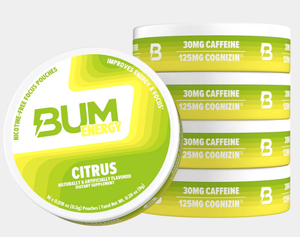 BUM Energy Citrus nicotine-free caffeine pouch can