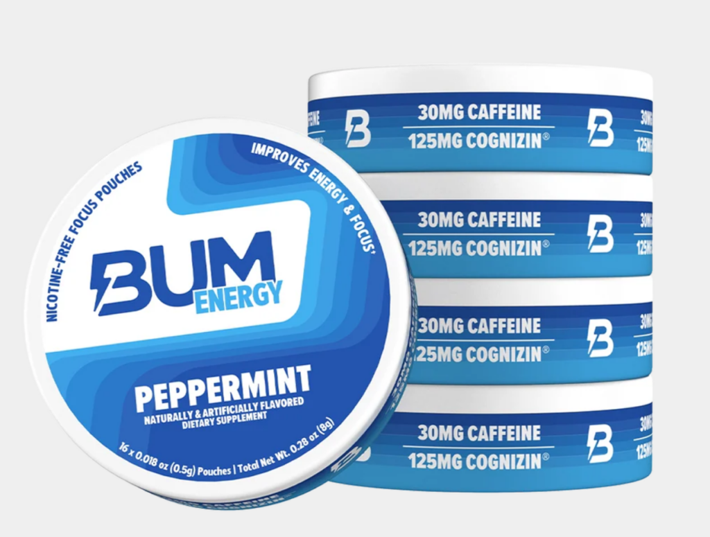 BUM Energy Peppermint nicotine-free caffeine pouch can