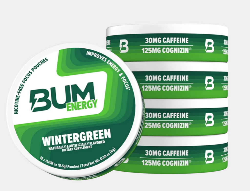 BUM Energy Wintergreen nicotine-free caffeine pouch can