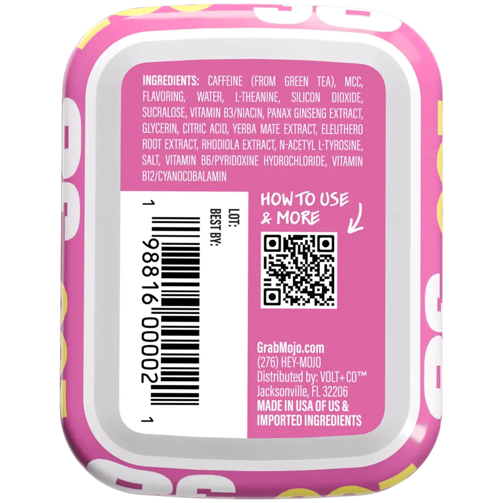 Mojo Pink Lemonade nicotine-free energy pouch can front