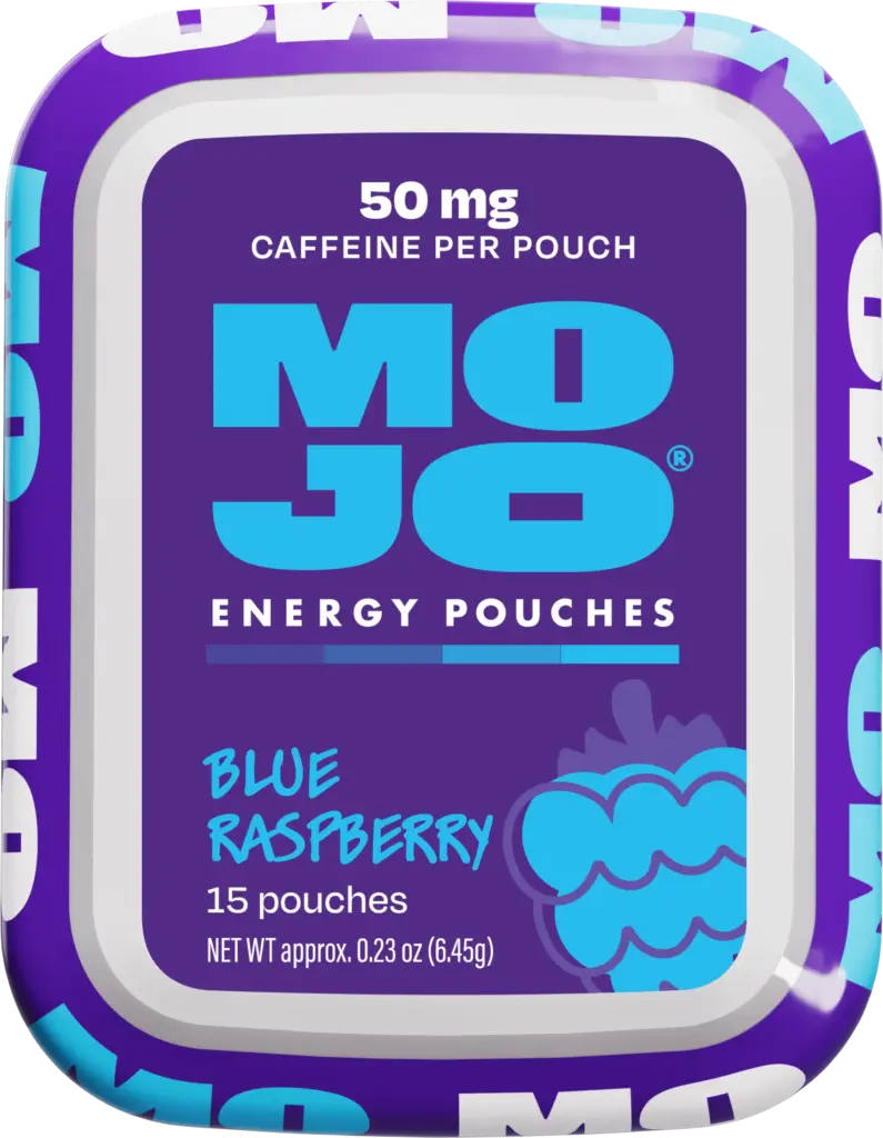 Mojo Blue Raspberry nicotine-free energy pouch can front