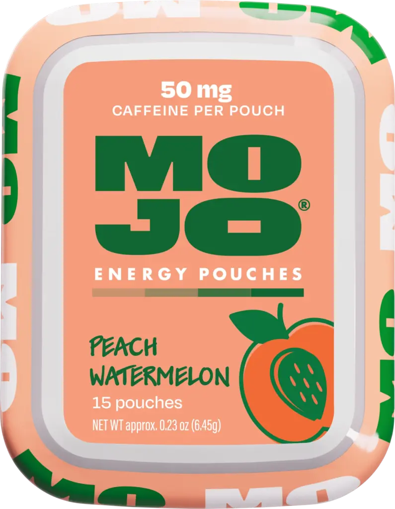 Mojo Peach Watermelon nicotine-free energy pouch can front