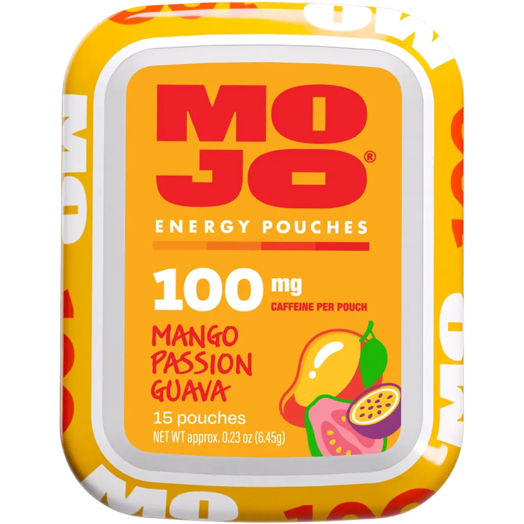Mojo Mango Passion Guava nicotine-free energy pouch can front