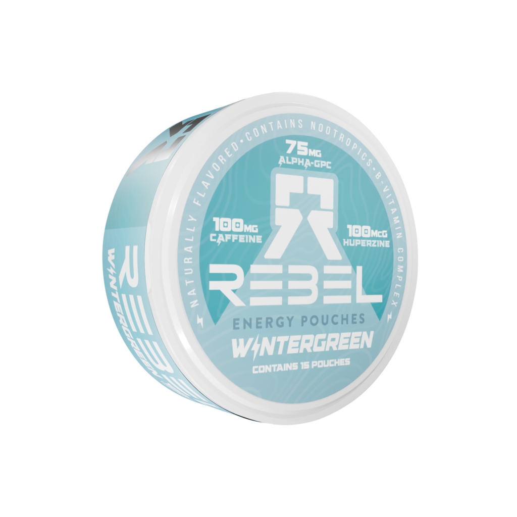 Rebel Wintergreen nicotine-free energy pouch can