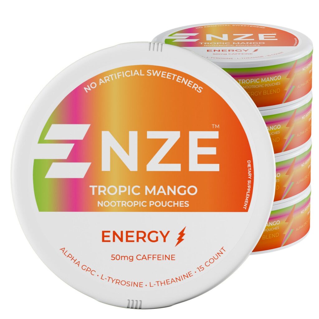 NZE Tropic Mango 50mg Caffeine Pouches – 5 Pack