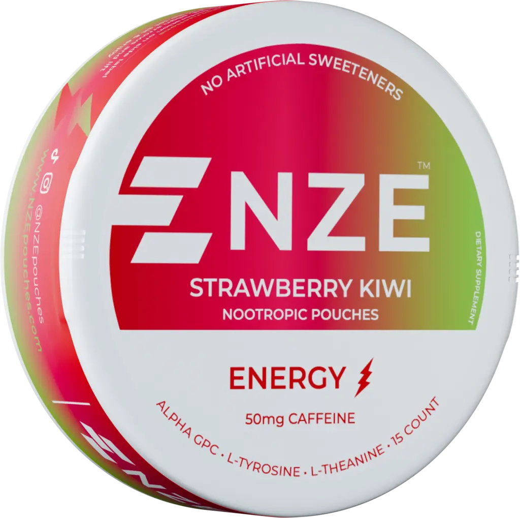 NZE Strawberry Kiwi nicotine-free caffeine pouch can
