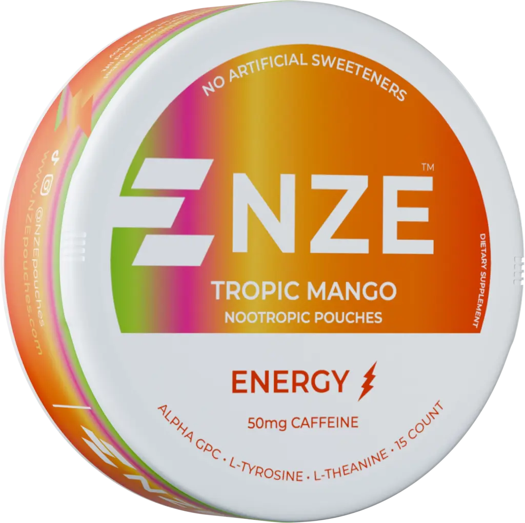 NZE Tropic Mango nicotine-free caffeine pouch can