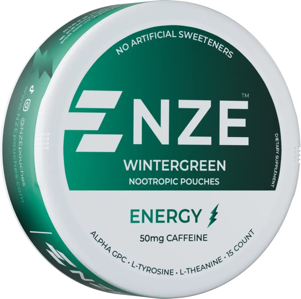 NZE Wintergreen nicotine-free caffeine pouch can