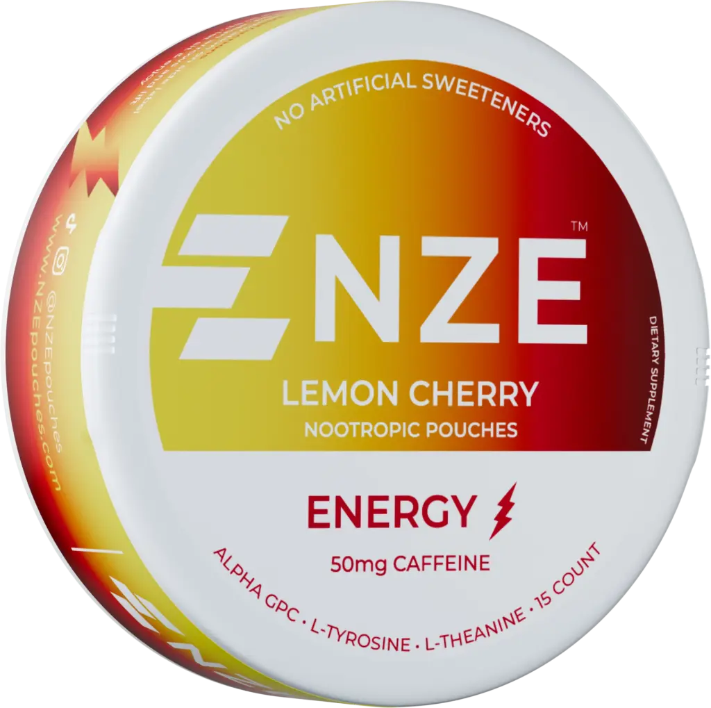 NZE Lemon Cherry nicotine-free caffeine pouch can