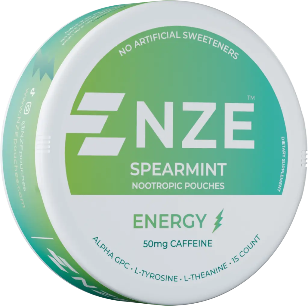 NZE Spearmint nicotine-free caffeine pouch can