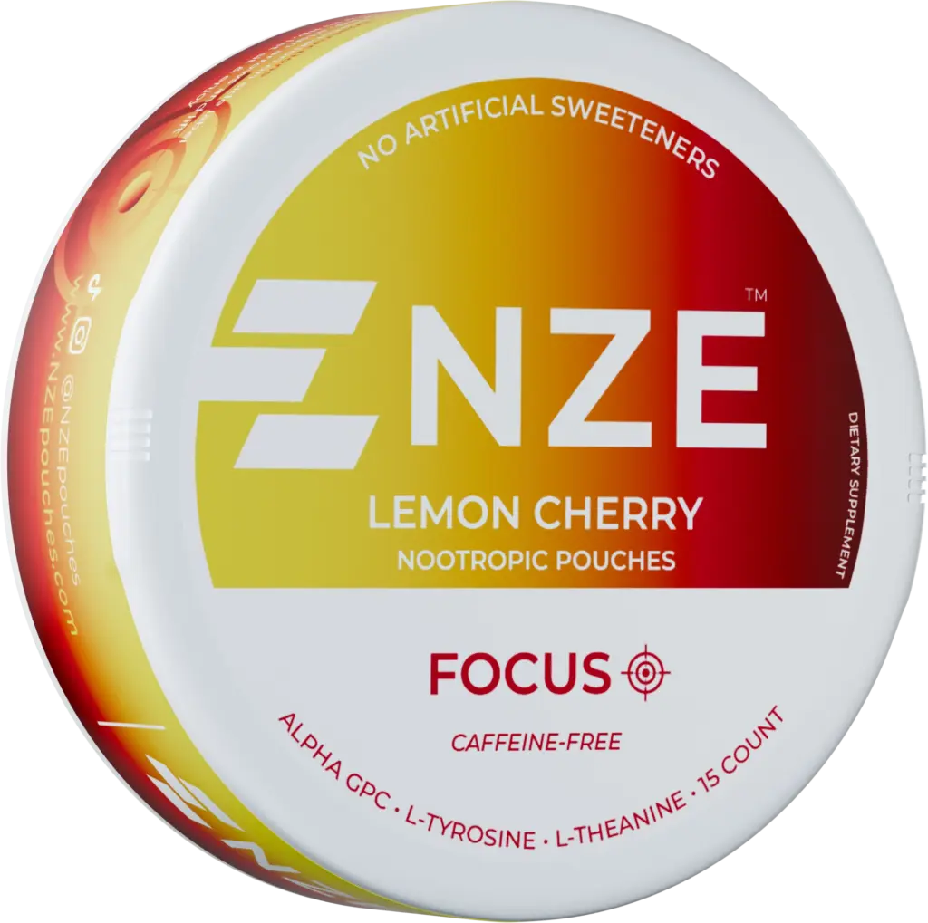 NZE Lemon Cherry Focus nicotine-free nootropic pouch can