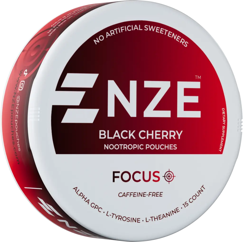 NZE Black Cherry Focus nicotine-free nootropic pouch can
