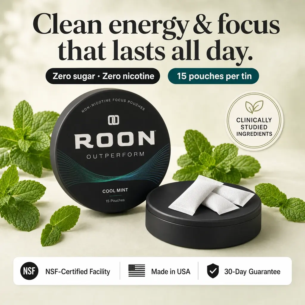 ROON Cool Mint nicotine-free focus pouches with mint leaves